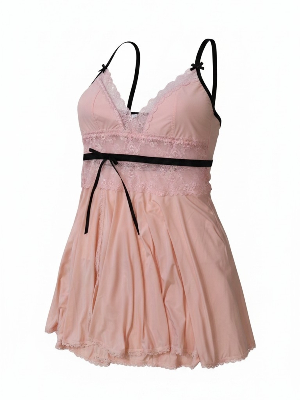 New Coquette Women's Pink Lace Trim Babydoll Chemise with Black Ribbon Size Sm